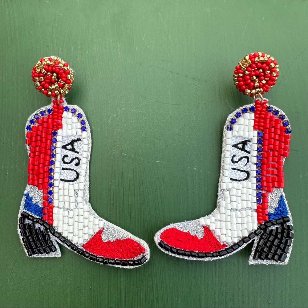 Anna and Ava Red White Beaded Cowboy Boots Pierced Earrings
